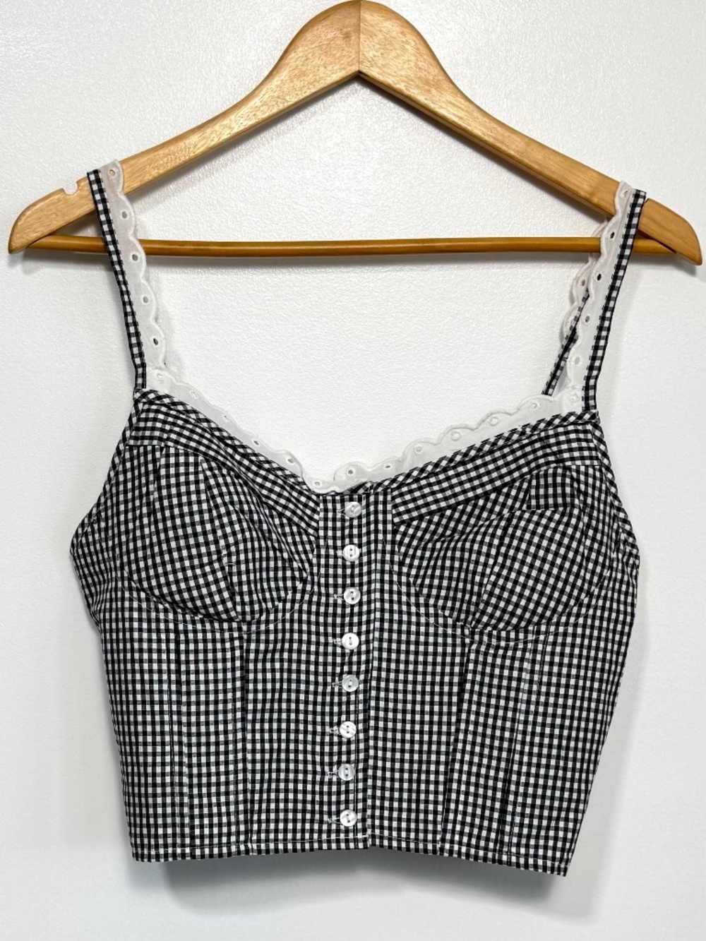 NWT SIM & SAM Gingham Corset Crop Top Lace Bustier Black White Cami Size L